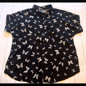Black Button Up Blouse with Butterflies